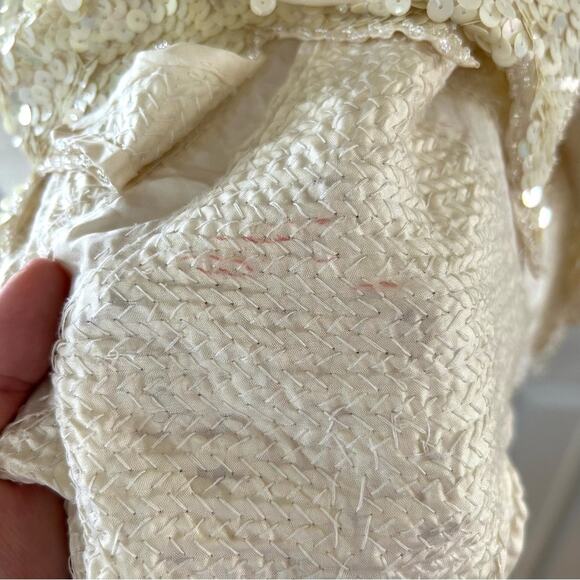 Vintage Silk & Sequin Cream Star Print Top w/ Zig Zag Edge - Picture 7 of 8